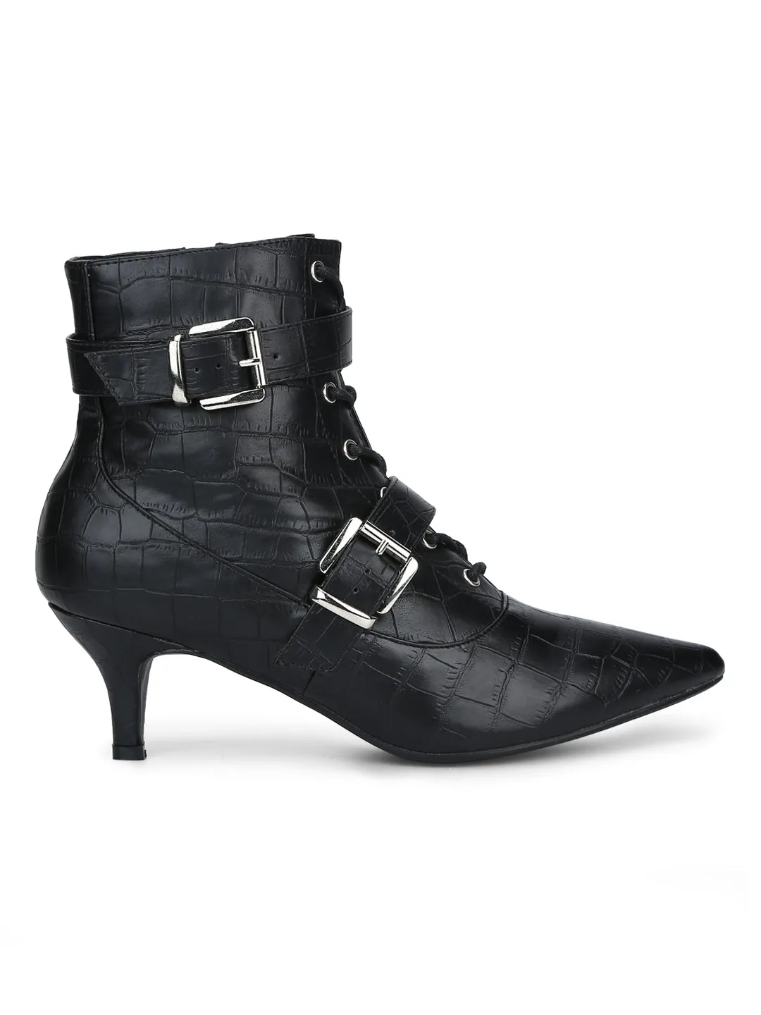 Black Croc PU Double Buckle Lace-up Ankle Boots