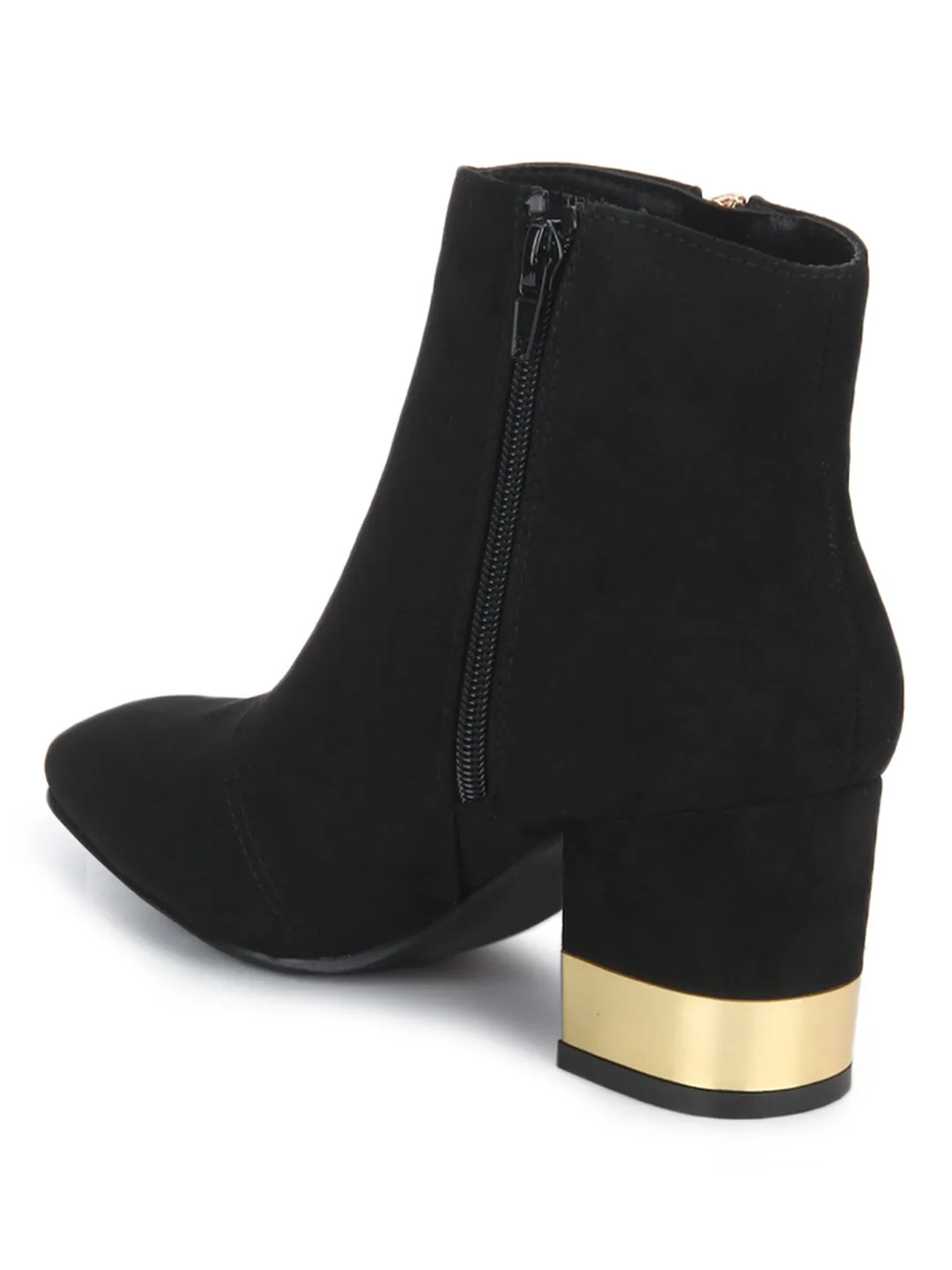 Black Micro Golden Heel Side Zipper Ankle Boots