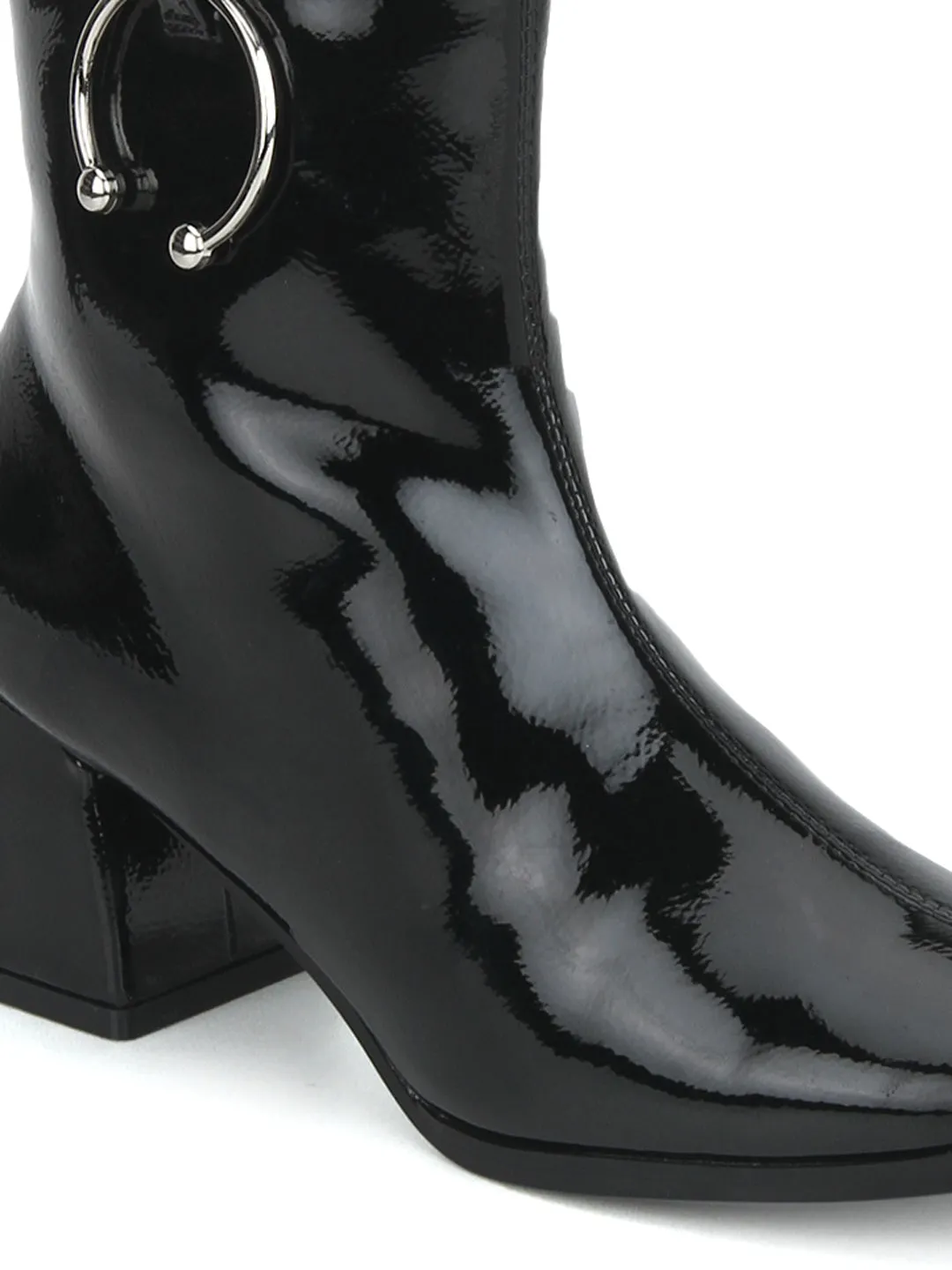 Black Patent Round Buckle Block Heel Ankle Boots