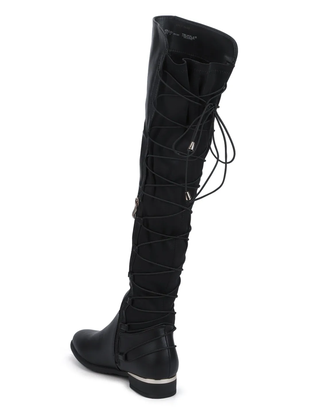 Black PU Back Lace-up Golden Detail Long Boots