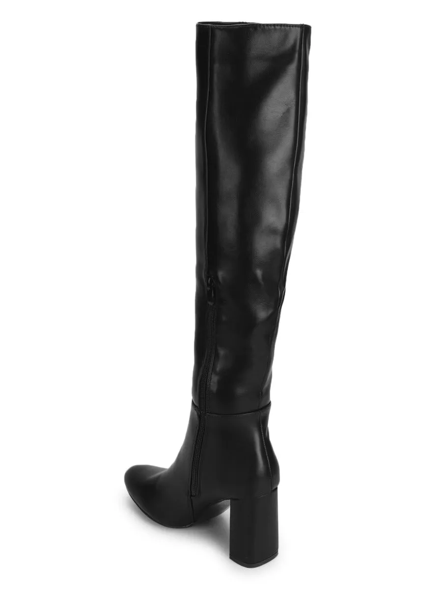 Black PU Block Heel Long Boots