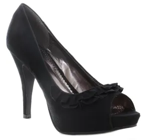 Black Ruffle Trim Vegan Suede Women's Peep-toe Pumps