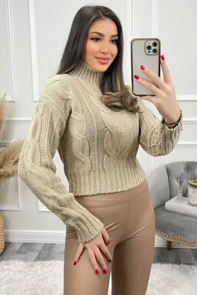 Connee Beige High Neck Cable Knit Cropped Jumper