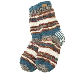 Knitted Wool Socks, Wool slippers, Mens or Womens Fleece Lined inside Natural, teal white