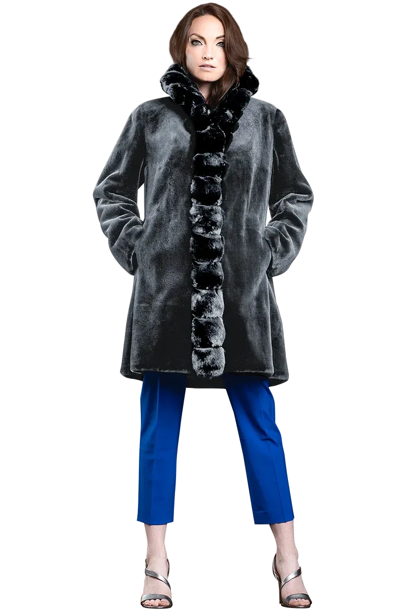 Reversible Sheared Mink and Chinchilla Fitted Mid-Length Fur Coat