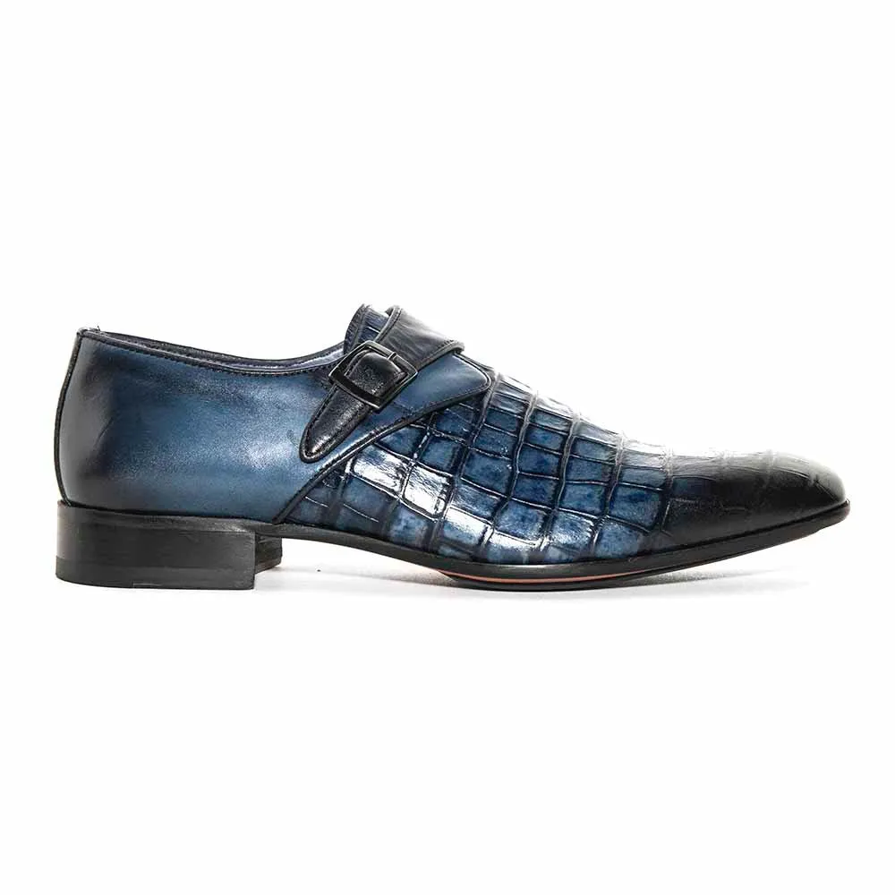 SIGOTTO Uomo Navy Blue Crocodile Buckle Monk Shoes